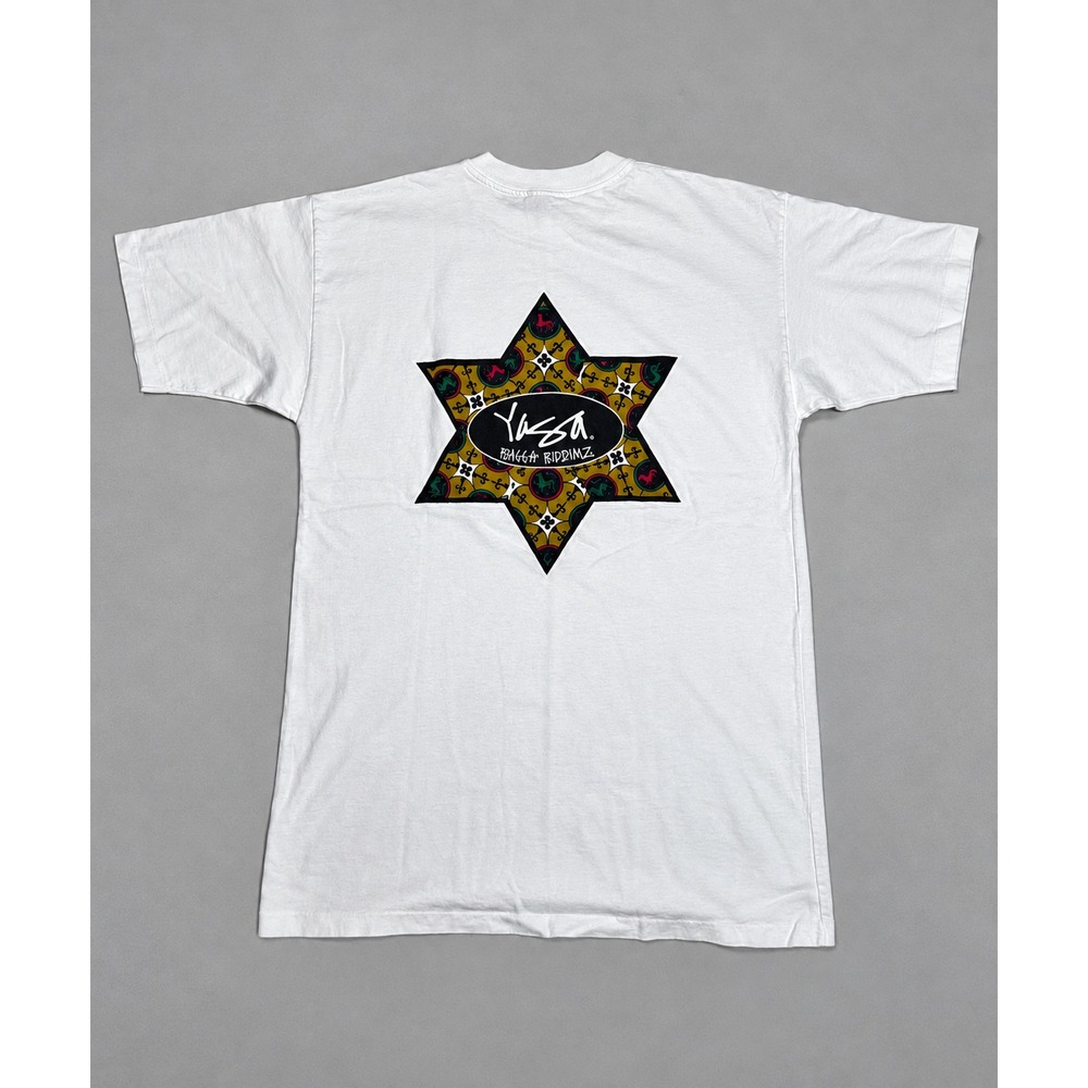 Vintage 90s Yaga Bagga Riddimz T-Shirt Men's L White Graphic Hefty Crew Tee